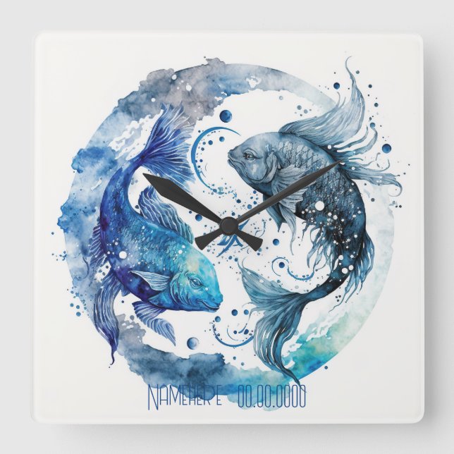Relógio Quadrado Crie seus próprios Peixes azuis e lacrimogêneos (Frente)