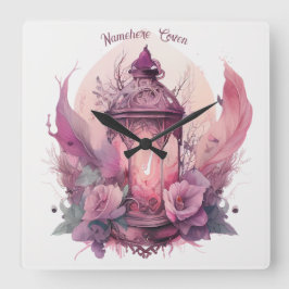 Relógio Quadrado Crie sua lanterna e Rosas cor-de-rosa