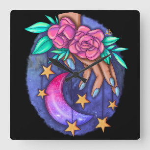 Relógio Quadrado Crie Sua Lua, Estrelas, Mão Rosa