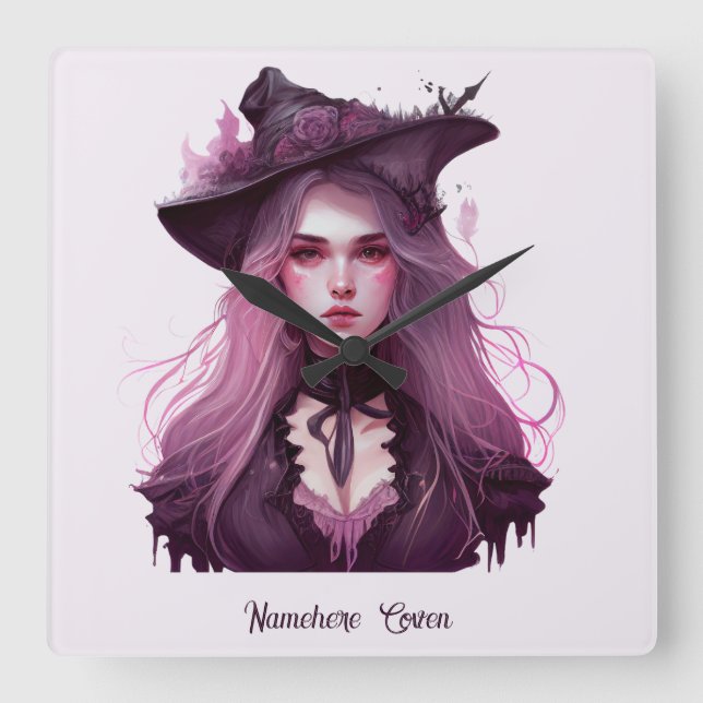 Relógio Quadrado Crie Sua Própria Bruxa Roxa Escura (Frente)