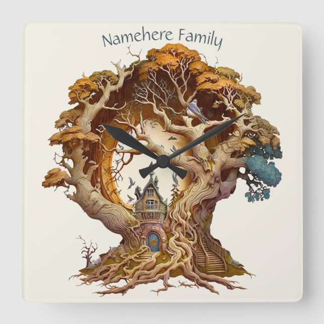 Relógio Quadrado Crie Sua Própria Casa De Árvore Fada Faux Bois 3D (Frente)