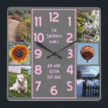 Relógio Quadrado Crie sua própria Cinza rosa colada de fotos Deco 6<br><div class="desc">Faça seu próprio relógio personalizado de colagem de fotos com este modelo fácil. Este relógio quadrado tem números cor-de-rosa alinhados no meio em um retângulo longo estilo deco e um fundo de cinza que você pode "personalizar" para qualquer imagem ou cor que você quiser. Ao longo das margens, há espaço...</div>