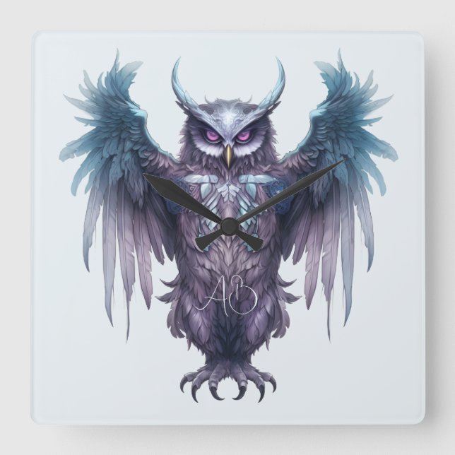 Relógio Quadrado Crie Sua Própria Coruja Roxa Mística (Frente)