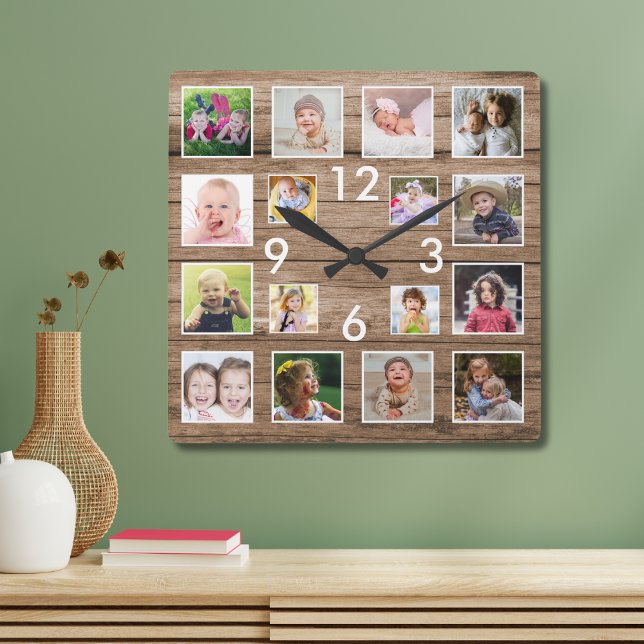 Relógio Quadrado Crie Sua Própria Família 16 Foto Collage Wood (Create Your Own 16 Family Photo Collage Wood Square Wall Clock
)