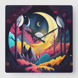 Relógio Quadrado Crie sua própria floresta de lua crescendo direito