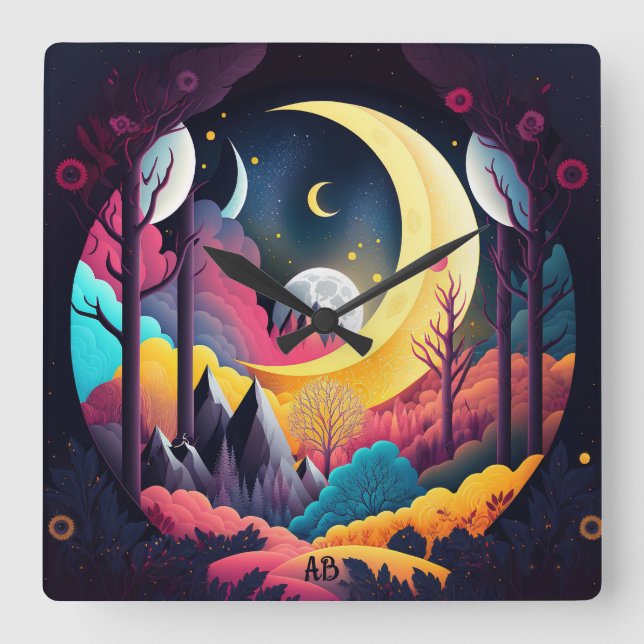 Relógio Quadrado Crie sua própria floresta de lua crescendo direito (Frente)