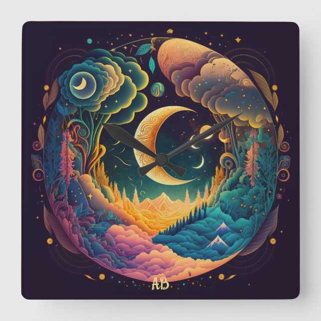 Relógio Quadrado Crie sua própria floresta mística das luas do Cres (Frente)