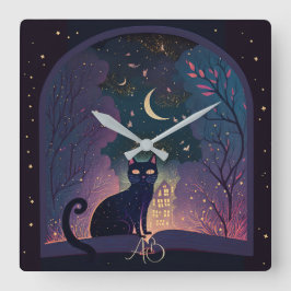 Relógio Quadrado Crie sua própria janela mágica de Gato Preto Místi
