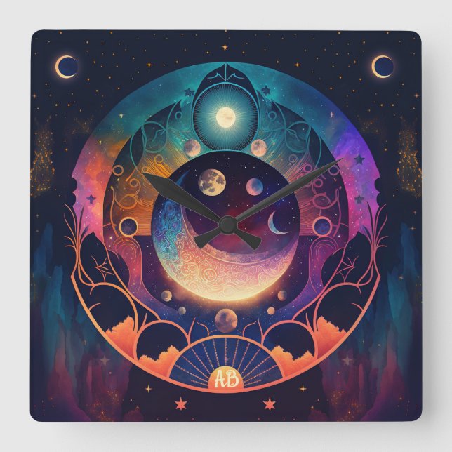 Relógio Quadrado Crie sua própria Lua Mística do Crescente Arco-Íri (Frente)