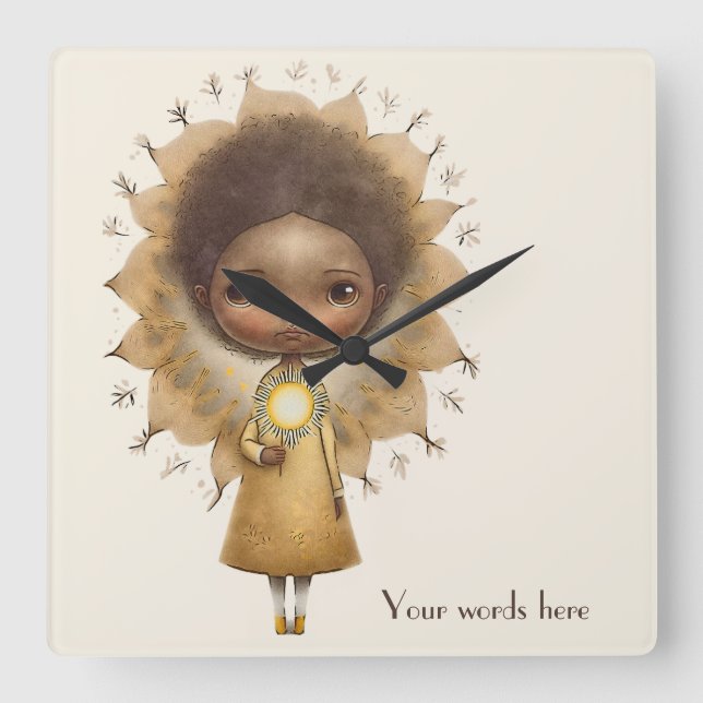 Relógio Quadrado Crie Sua Própria Menina do Girassol Fofa (Frente)