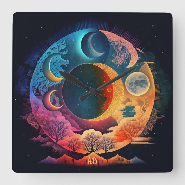 Relógio Quadrado Crie suas próprias luas e montanhas do arco-íris (Frente)