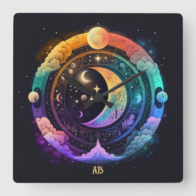 Relógio Quadrado Crie suas próprias luas mágicas do arco-íris (Frente)