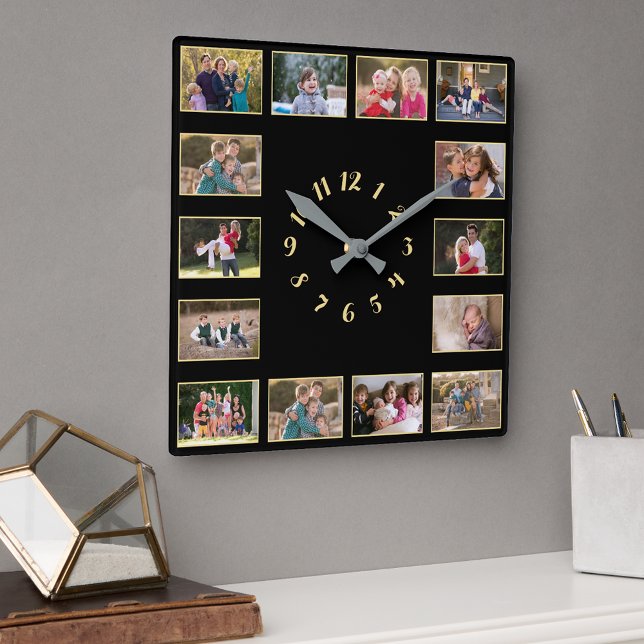 Relógio Quadrado Crie um Álbum de Fotos Colagem Ouro Preto Família  (Create 14 Photo Collage Gold Black Family Keepsake Square Wall Clock)