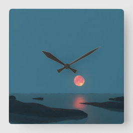 Relógio Quadrado Crimson Full Moon Over Calm Waters