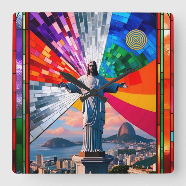 Relógio Quadrado Cristo do Redentor no Mosaico (Frente)