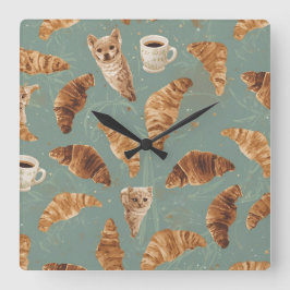 Relógio Quadrado Croissant Crawl Cats, Coffee & French Bakery Chaos