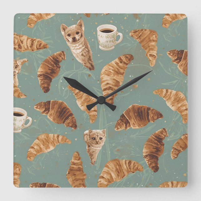 Relógio Quadrado Croissant Crawl Cats, Coffee & French Bakery Chaos (Frente)