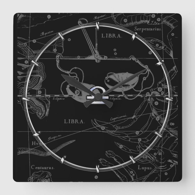 Relógio Quadrado Cromo prateado como Libra Zodiac Sinal em Hevelius (Frente)
