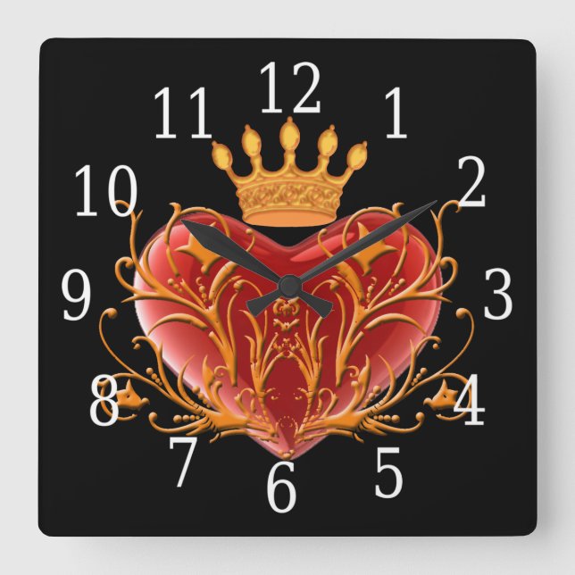 Relógio Quadrado Crown Filigree Heart Square Clock (Frente)