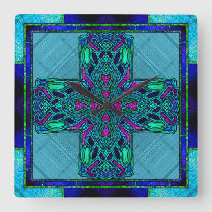 Relógio Quadrado Cruz Celta em Vidro Colorido Azul e Aquamarine