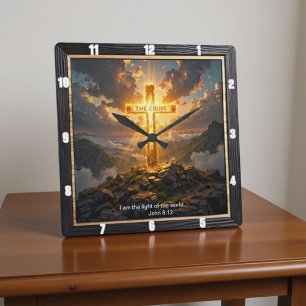 Relógio Quadrado Cruz da Salvação Leve Montanha Golden John 8:12