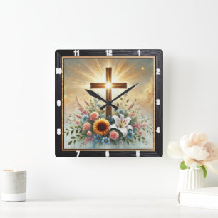 Relógio Quadrado Cruz Floral Radiante Espiritual