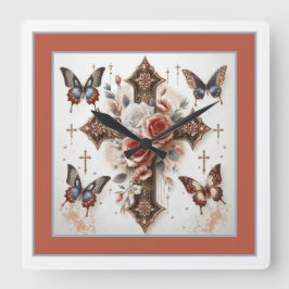 Relógio Quadrado Cruz, Rosas e Borboletas