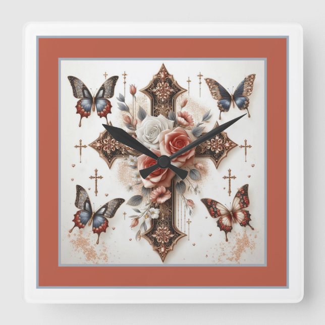 Relógio Quadrado Cruz, Rosas e Borboletas (Frente)