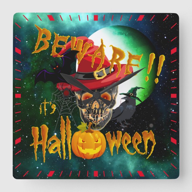 Relógio Quadrado Cuidado, é o Halloween Creepy Skull e Moon (Frente)