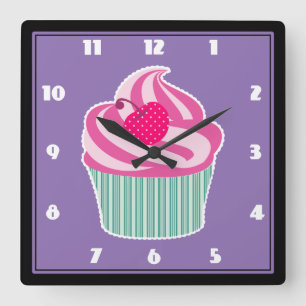 Relógio Quadrado Cupcake rosa WIth Bolinhas Cherry