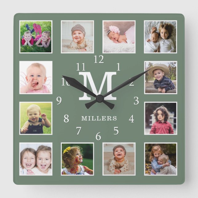Relógio Quadrado Custom 12 Photo Collage Family Name Monogram Green (Frente)
