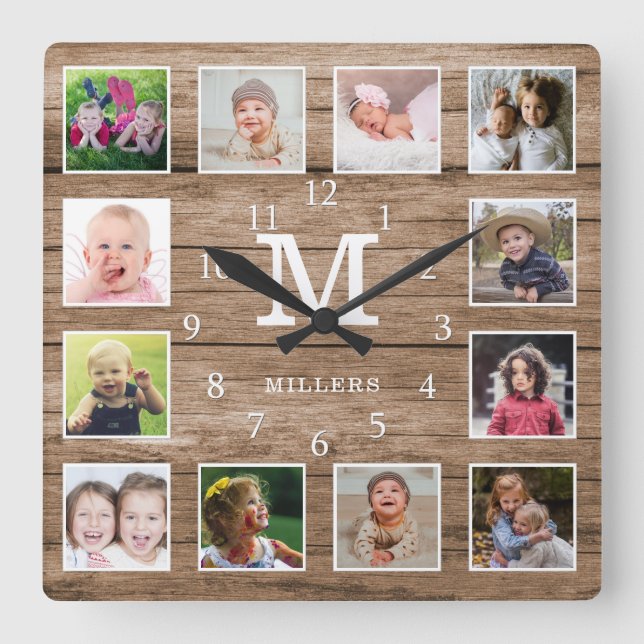 Relógio Quadrado Custom 12 Photo Collage Family Name Monogram Wood (Frente)