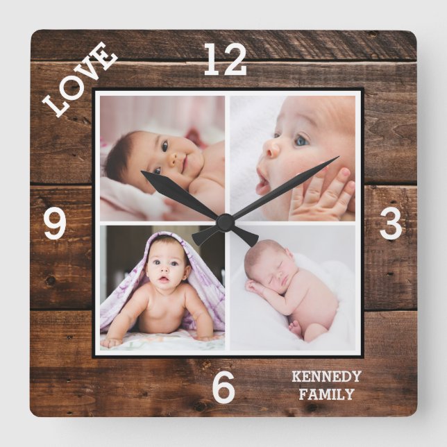 Relógio Quadrado Custom 4 Photo Collage Family Name Love Dark Wood (Frente)