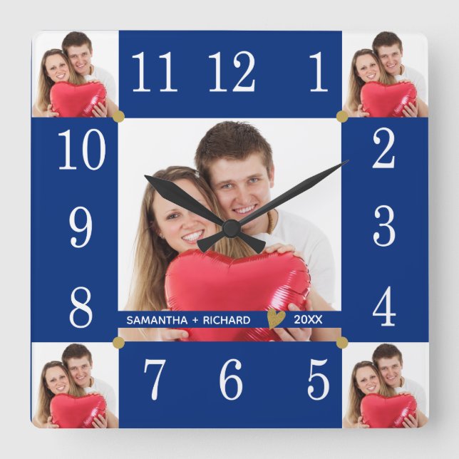 Relógio Quadrado Custom 5 Photo Collage Wedding Anniversary Blue (Frente)
