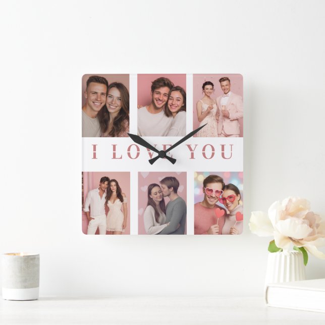 Relógio Quadrado Custom Collage Photos Wall Clock | Valentine Gift (Lar)