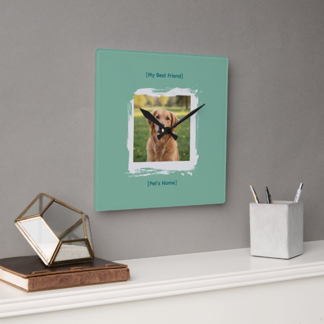 Relógio Quadrado Custom Pet Photo Brushstroke Wall Clock (Escritório)