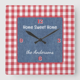 Relógio Quadrado Custom, Red and White Check, Blue Denim Print