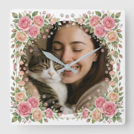 Relógio Quadrado Custom Watercolor Rose Frame Cat Mom Photo