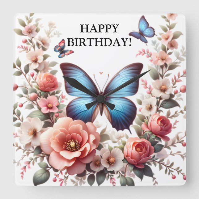 Relógio Quadrado Customizable Blue Butterfly Floral Art-96279 (Frente)