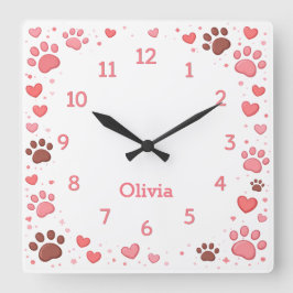 Relógio Quadrado Customizable Name Pet Paw Print Wall Clock