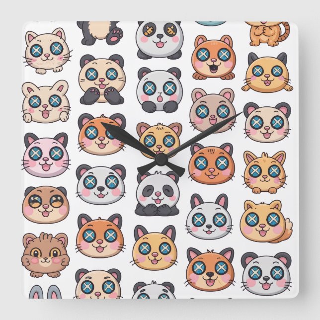 Relógio Quadrado Cute Animals Sticker Sheet Adorable Cartoon Charac (Frente)