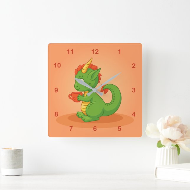 Relógio Quadrado Cute Baby Dragon Holding Cup on Orange (Lar)