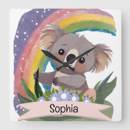 Relógio Quadrado Cute Baby Koala Rainbow Nome Personalizado