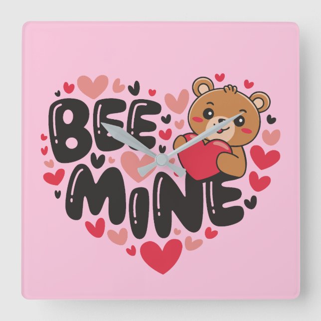 Relógio Quadrado Cute Bee Mine Teddy Bear Valentine's Day (Frente)