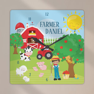 Relógio Quadrado Cute Cartoon Barnyard Animals, Farmer, and Tractor