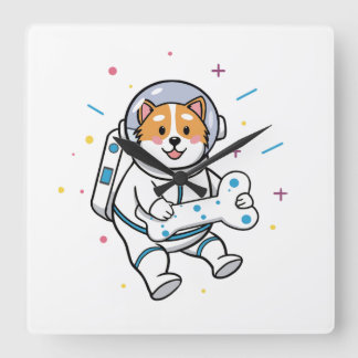 Relógio Quadrado Cute Cat Astronaut in Space Wall Clock