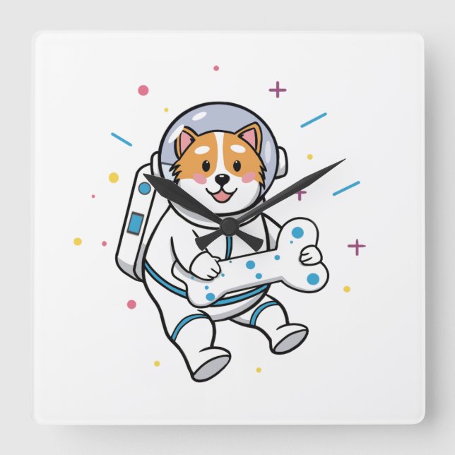 Relógio Quadrado Cute Cat Astronaut in Space Wall Clock (Frente)