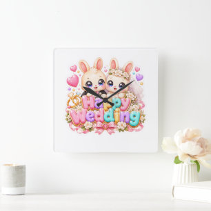 Relógio Quadrado Cute Kawaii Casal de Coelho de Casamento Feliz Ros