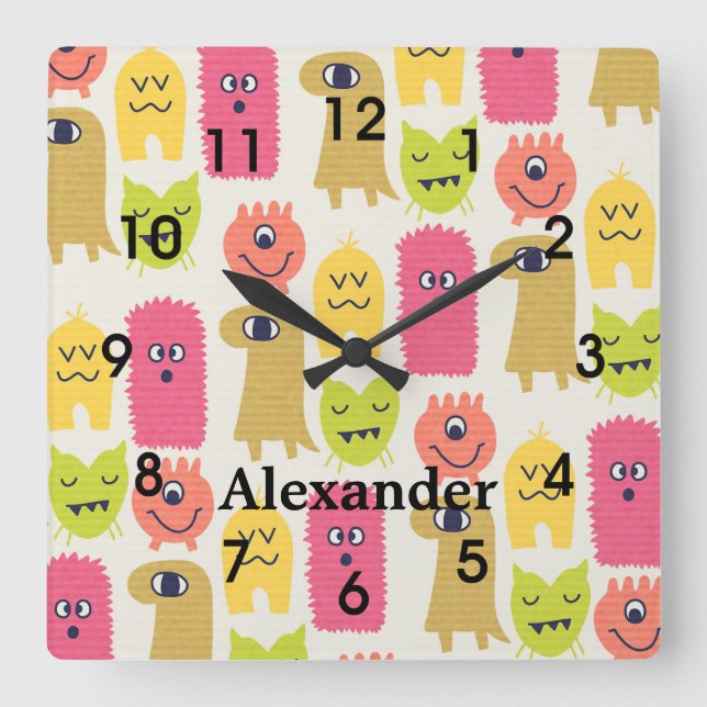 Relógio Quadrado Cute Kawaii Monsters Nursery Wall Clock (Frente)