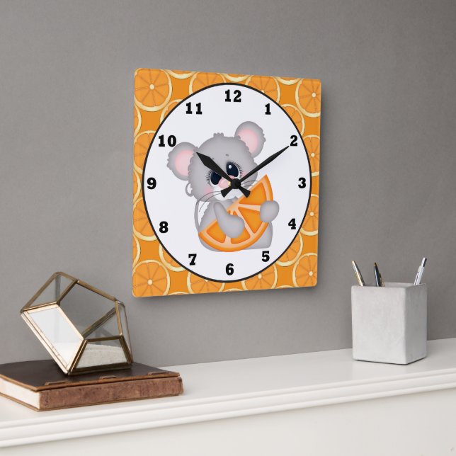 Relógio Quadrado Cute orange slice mouse kitchen wall clock (Escritório)